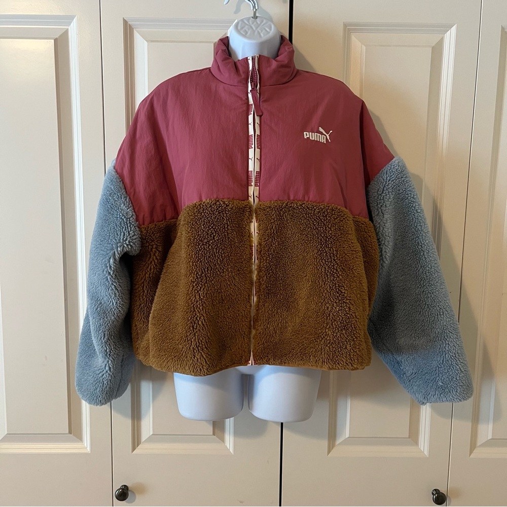 Puma cropped zip up fleece pink, rust, blue color size Large